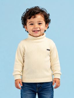 Bloom Up - Boys Off White Ribbed Turtle Neck Full-Sleeve T-shirt