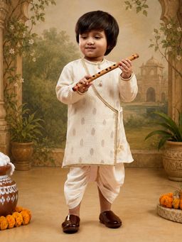 Vastramay - Boys Off White Silk Blend Woven Kurta with Dhoti