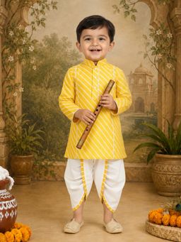 Vastramay - Boys Yellow Cotton Leheriya Printed Kurta with Dhoti