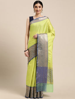 Banarasi Silk Works - Green Resham Zari Pattu Border Art Saree with Unstitched Blouse