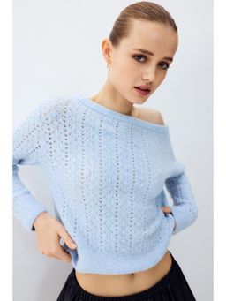 H&M - Women Blue Pointelle-knit off-the-shoulder jumper