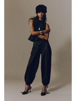 H&M - Women Grey Crinkled barrel-leg trousers