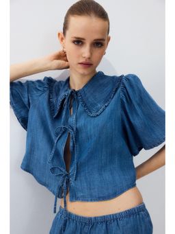 H&M - Women Blue Tie-front denim blouse