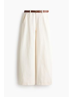H&M - Women White Wide belted twill trousers