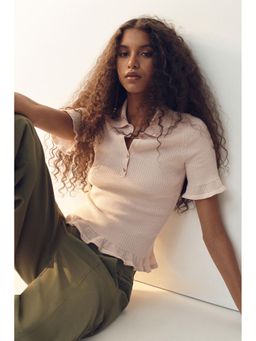 H&M - Women Pink Rib-knit collared top