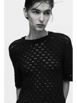 H&M - Women Black Pointelle-knit T-shirt