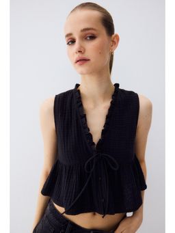 H&M - Women Grey Frill-trimmed muslin top