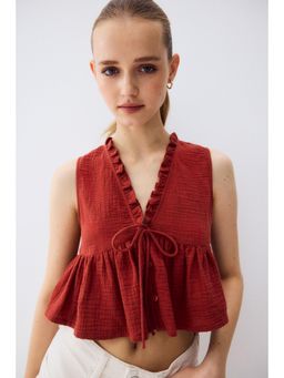 H&M - Women Orange Frill-trimmed muslin top