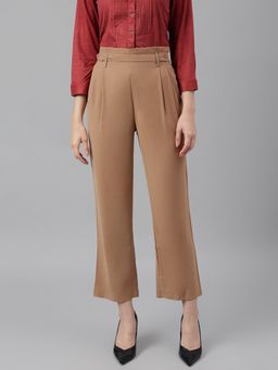 Latin Quarters - Beige Solid High Rise Straight Fit Trouser