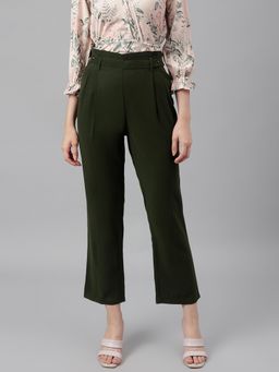 Latin Quarters - Green Solid High Rise Straight Fit Trouser