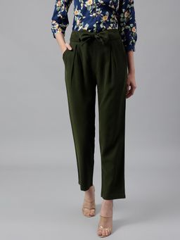 Latin Quarters - Green Solid High Rise Mom Fit Trouser