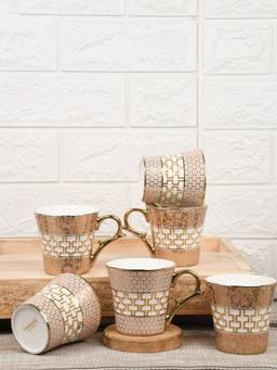 Femora - Fine Bone China Honey Comb With Golden Daisy Ceramic Tea Cups - 160Ml - 6 Pcs Set