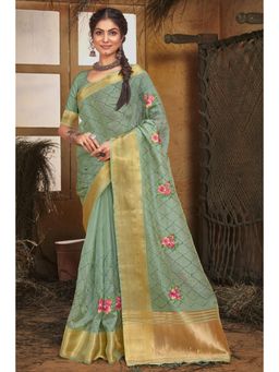 Sangam Prints - Turquoise Embroidery with Stone Traditional Tassel Saree with Unstitched Blouse