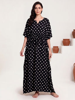 Secret Wish - Black Polka Dots Rayon Comfortable Fit Kaftan Nightdress