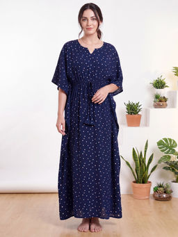 Secret Wish - Navy Blue Polka Dots Rayon Comfortable Fit Kaftan Nightdress