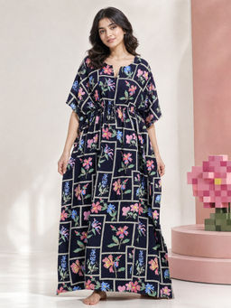 Secret Wish - Navy Blue Floral Rayon Comfortable Fit Kaftan Nightdress