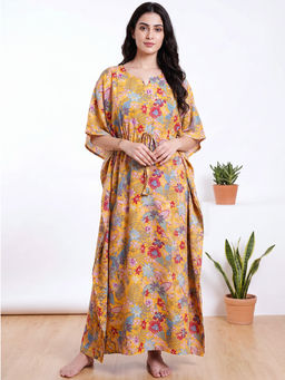Secret Wish - Yellow Floral Rayon Comfortable Fit Kaftan Nightdress