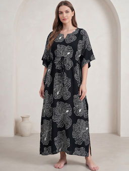 Secret Wish - Black Abstract Rayon Comfortable Fit Kaftan Nightdress