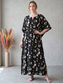 Secret Wish - Black Floral Rayon Comfortable Fit Kaftan Nightdress