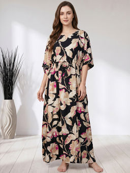 Secret Wish - Black Floral Rayon Comfortable Fit Kaftan Nightdress