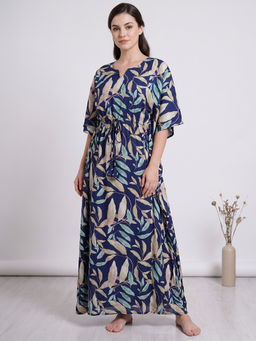 Secret Wish - Blue Printed Rayon Comfortable Fit Kaftan Nightdress