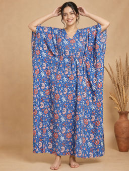 Secret Wish - Blue Floral Cotton Comfortable Fit Kaftan Nightdress