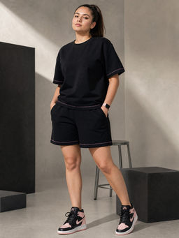 Secret Wish - Black Solid Hosiery Comfortable Fit T-Shirt and Shorts