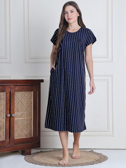 Secret Wish - Navy Blue Stripes Hosiery Comfortable Fit Nightdress