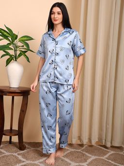 Smarty Pants - Blue Printed Satin Relaxed Fit Shirt and Pyjama