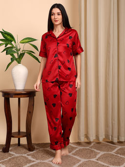 Smarty Pants - Red Printed Satin Relaxed Fit Shirt and Pyjama
