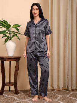 Smarty Pants - Grey Printed Satin Relaxed Fit Shirt and Pyjama