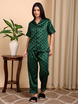 Smarty Pants - Green Polka Dots Satin Relaxed Fit Shirt and Pyjama