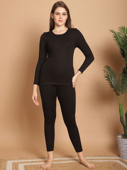 Aerowarm - Black Solid Cotton Regular Fit Thermal Top and Thermal Bottom