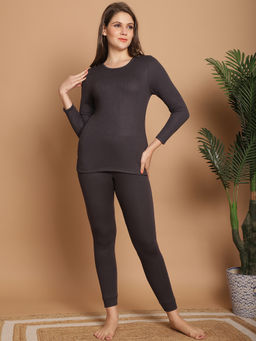 Aerowarm - Charcoal Solid Cotton Regular Fit Thermal Top and Thermal Bottom