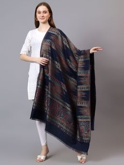 Mizash - Women Fine Wool Metallic Zari Weave Soft Warm Shawl - Blue