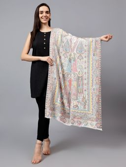 Mizash - Women Wool Kani Weave with Ethnic Mughal Darbar Soft Warm Luxury Shawl - White
