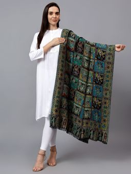 Mizash - Women Fine Wool Ethnic Mughal Figures with Muli Extra Soft Warm Shawl - Black