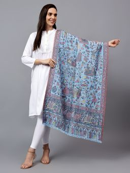 Mizash - Women Carpet Ethnic Mughal Figures with Kani Cutting Designer Soft Warm Shawl - Blue