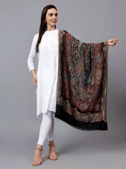 Mizash - Women Fine Wool Modal Paisley Jaal Designer Soft & Warm Stole - Black