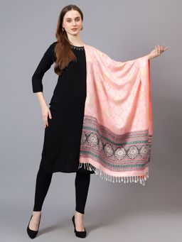 Mizash - Women Fine Wool Ethnic Weave with Merallic Zari Stole - Peach