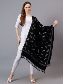 Mizash - Women Fine Wool Metallic Zari Leaf Design Soft Warm Stole - Black