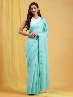 Navyasa By Liva - Blue Liva Jamdani Jacquard Saree with Unstitched Blouse