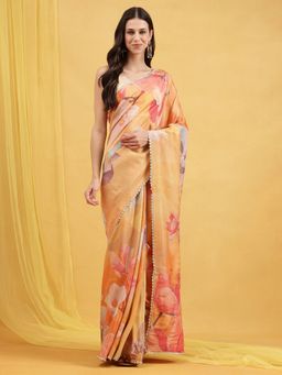 Navyasa By Liva - Yellow Liva Tissue Foil Print Saree with Unstitched Blouse