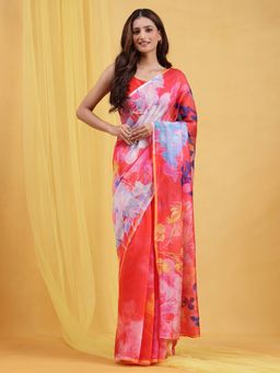 Navyasa By Liva - Red Liva Silk Excel Floral Print Saree with Unstitched Blouse