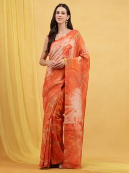 Navyasa By Liva - Orange Liva Tissue Floral Print Saree with Unstitched Blouse