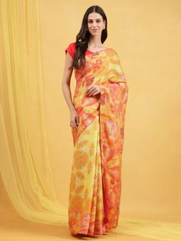 Navyasa By Liva - Red Liva Slub Chanderi Floral Print Saree with Unstitched Blouse