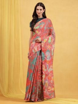 Navyasa By Liva - Yellow Liva Slub Chanderi Floral Print Saree with Unstitched Blouse