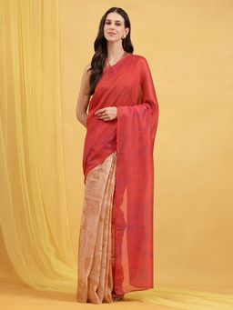 Navyasa By Liva - Red Liva Silk Excel Abstract Print Saree with Unstitched Blouse