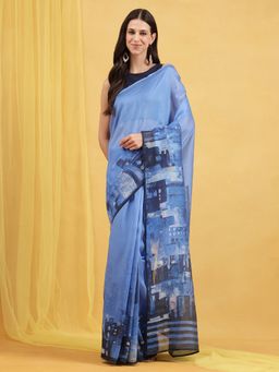 Navyasa By Liva - Blue Liva Silk Excel Abstract Print Saree with Unstitched Blouse