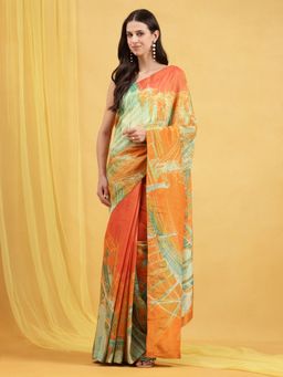 Navyasa By Liva - Orange Liva Tissue Abstract Print Saree with Unstitched Blouse